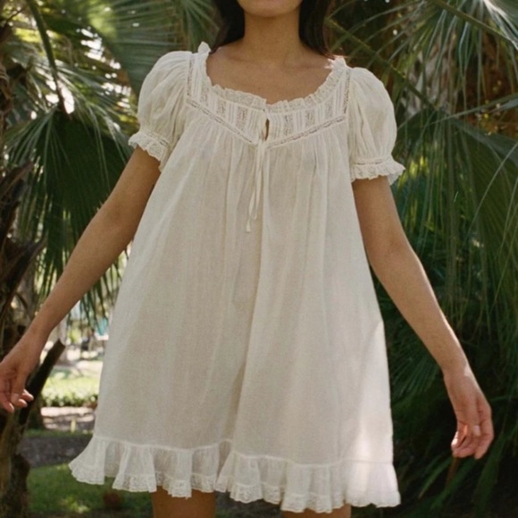 Doen Dresses & Skirts - Doen Ainsley Cotton Ruffle Lace Babydoll Nightgown Mini Dress Salt White